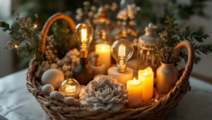 A photograph of a beautifully arranged center basket filled with various lighting design elements