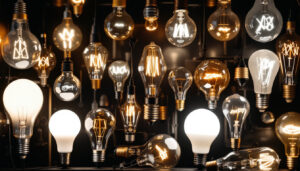 A photograph of a diverse array of light bulbs from different eras