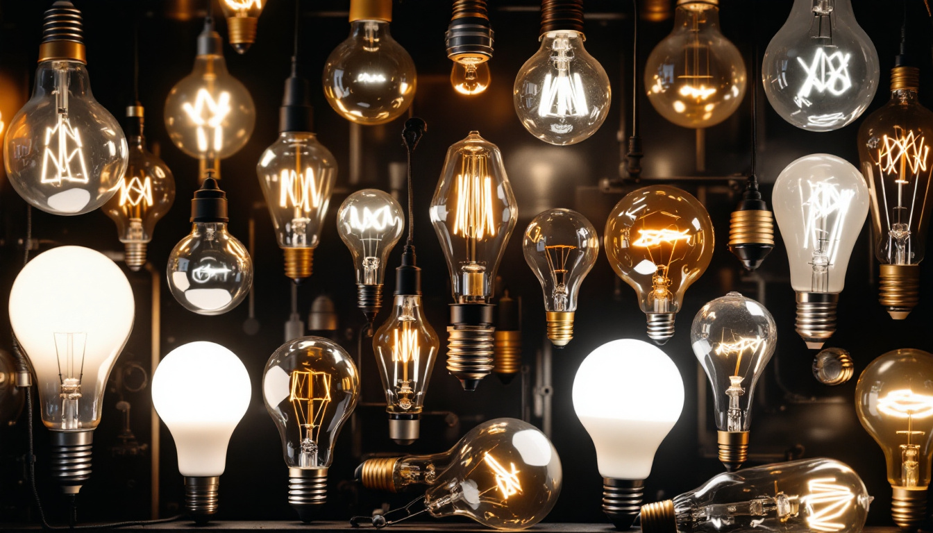A photograph of a diverse array of light bulbs from different eras