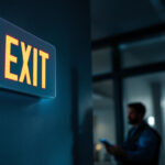 A photograph of a battery-powered exit sign illuminated in a dimly lit environment