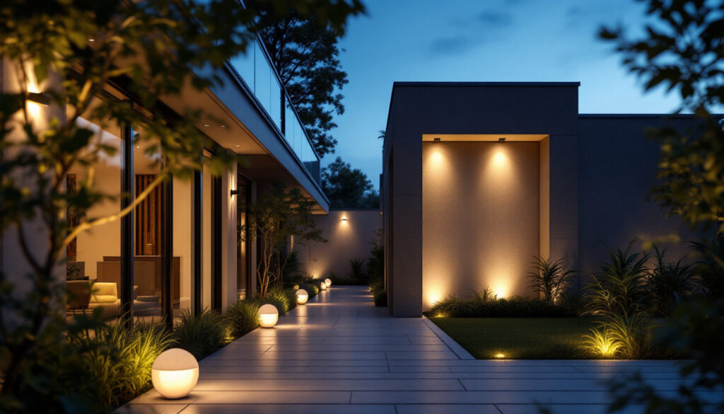 A photograph of a well-lit exterior space showcasing a modern lighting installation