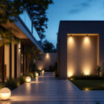 A photograph of a well-lit exterior space showcasing a modern lighting installation