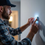 A photograph of a skilled lighting contractor installing a sleek
