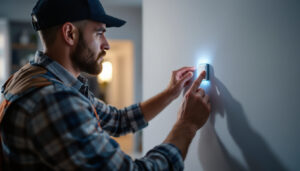 A photograph of a skilled lighting contractor installing a sleek