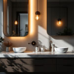 A photograph of a beautifully designed bathroom vanity illuminated by stylish lighting fixtures
