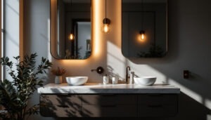 A photograph of a beautifully designed bathroom vanity illuminated by stylish lighting fixtures