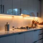 A photograph of a beautifully lit kitchen showcasing sleek strip under cabinet lights illuminating the countertops