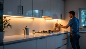A photograph of a beautifully lit kitchen showcasing sleek strip under cabinet lights illuminating the countertops