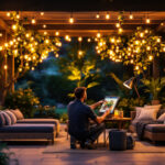 A photograph of a well-lit outdoor space featuring stylish solar lights illuminating a cozy patio or garden area