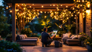A photograph of a well-lit outdoor space featuring stylish solar lights illuminating a cozy patio or garden area