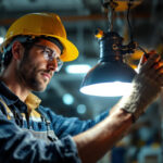 A photograph of a lighting contractor inspecting and replacing a pl 18 lamp with an led equivalent
