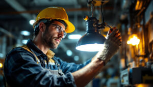 A photograph of a lighting contractor inspecting and replacing a pl 18 lamp with an led equivalent
