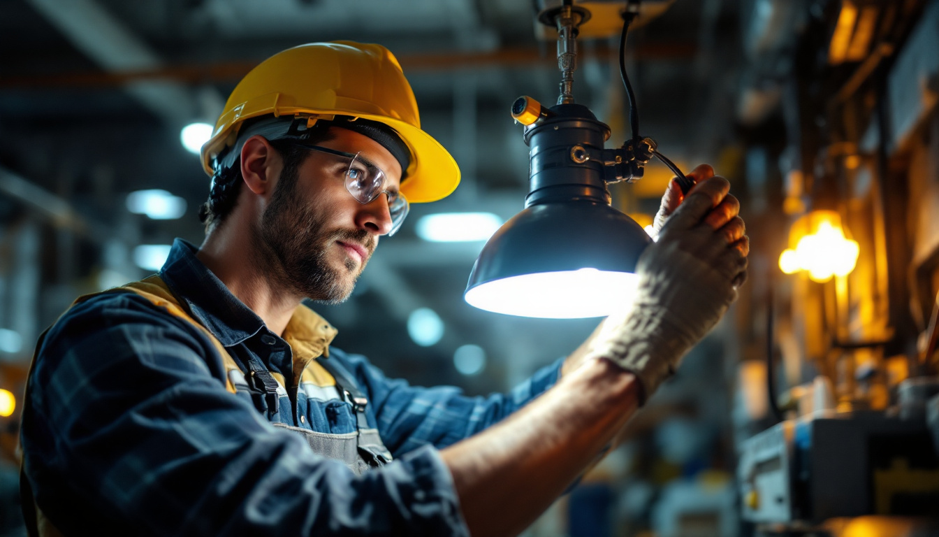 A photograph of a lighting contractor inspecting and replacing a pl 18 lamp with an led equivalent