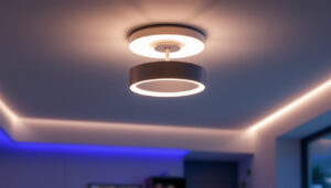 A photograph of a stylish 40-inch ceiling light fixture installed in a modern interior setting