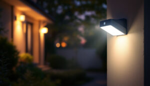 A photograph of a well-lit outdoor setting showcasing a motion sensor security light in action
