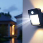 A photograph of a well-lit outdoor scene featuring a security light with a motion sensor activated