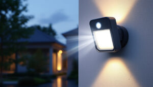 A photograph of a well-lit outdoor scene featuring a security light with a motion sensor activated