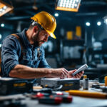 A photograph of a lighting contractor examining or installing em light batteries in a well-lit workspace
