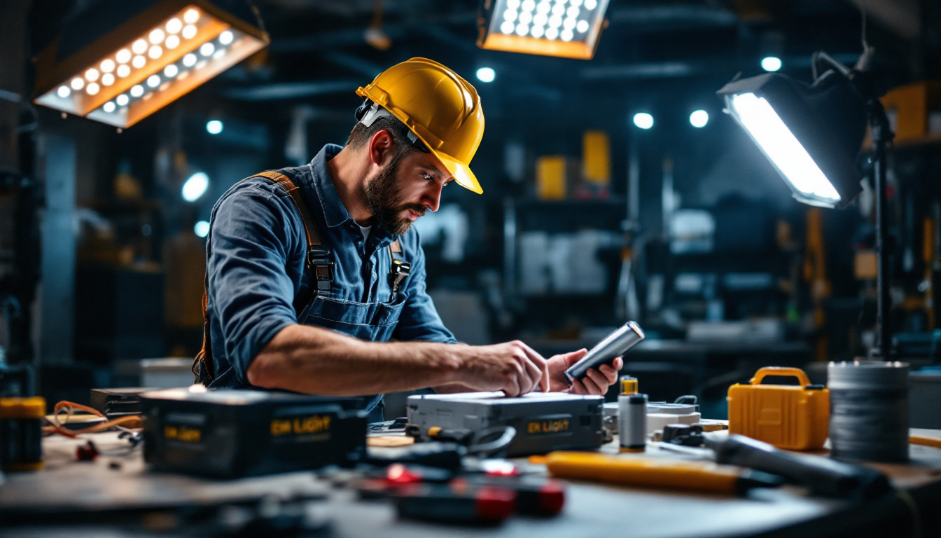 A photograph of a lighting contractor examining or installing em light batteries in a well-lit workspace