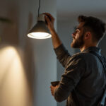 A photograph of a skilled lighting contractor expertly installing a stylish mountable light fixture in a beautifully designed space