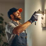 A photograph of a skilled electrician replacing can lights in a modern home