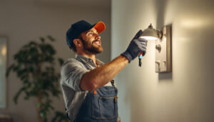 A photograph of a skilled electrician replacing can lights in a modern home