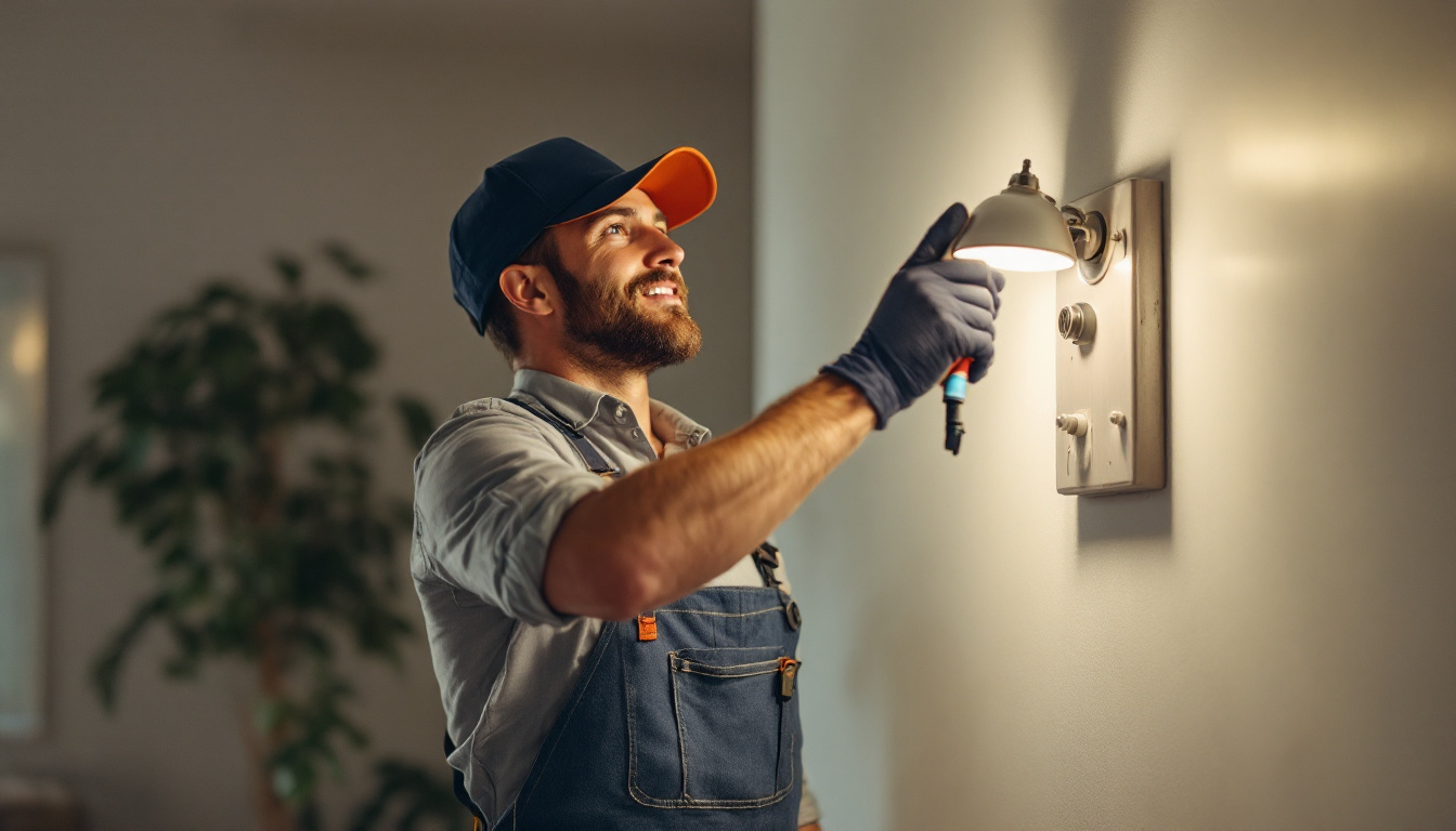 A photograph of a skilled electrician replacing can lights in a modern home