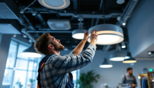 A photograph of a well-lit room showcasing various ceiling light fixtures in action