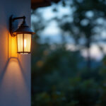A photograph of a beautifully designed wall hanging solar light installed in a cozy outdoor setting
