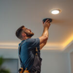 A photograph of a skilled lighting contractor installing recessed lighting in a modern residential space