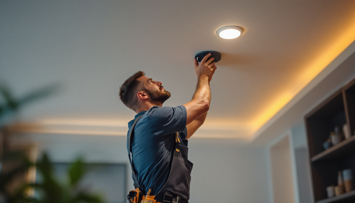 A photograph of a skilled lighting contractor installing recessed lighting in a modern residential space