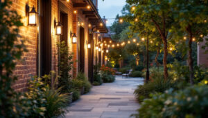 A photograph of a well-lit outdoor space showcasing parkland lighting fixtures in use