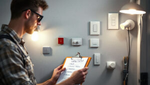 A photograph of a skilled lighting contractor in the midst of a project