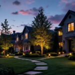 A photograph of a beautifully illuminated outdoor landscape at dusk