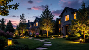 A photograph of a beautifully illuminated outdoor landscape at dusk