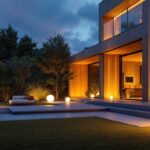 A photograph of a stunning outdoor space illuminated by large exterior lights