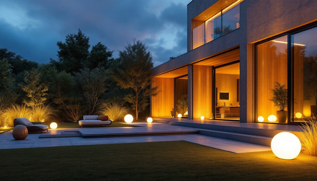 A photograph of a stunning outdoor space illuminated by large exterior lights