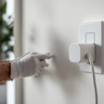A photograph of a skilled lighting contractor installing a modern plug-in light switch in a stylish home setting