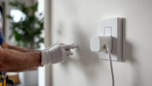 A photograph of a skilled lighting contractor installing a modern plug-in light switch in a stylish home setting