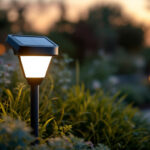 A photograph of capture a photograph of a gama sonic solar light installed in a beautifully landscaped outdoor setting