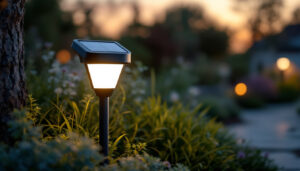 A photograph of capture a photograph of a gama sonic solar light installed in a beautifully landscaped outdoor setting