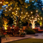 A photograph of a beautifully illuminated outdoor patio featuring string lights
