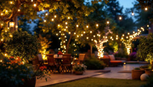 A photograph of a beautifully illuminated outdoor patio featuring string lights