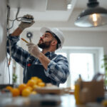 A photograph of a skilled lighting contractor meticulously installing a lighting junction box in a well-lit setting