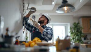 A photograph of a skilled lighting contractor meticulously installing a lighting junction box in a well-lit setting