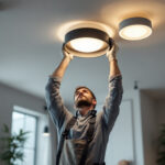 A photograph of a skilled lighting contractor installing stylish ceiling mount lights in a modern interior space