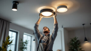 A photograph of a skilled lighting contractor installing stylish ceiling mount lights in a modern interior space