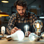 A photograph of a lighting contractor examining an a19 light bulb alongside various alternative lighting options