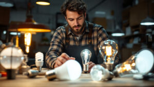 A photograph of a lighting contractor examining an a19 light bulb alongside various alternative lighting options