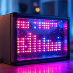 A photograph of a stylishly designed box featuring vibrant led lights in a modern setting